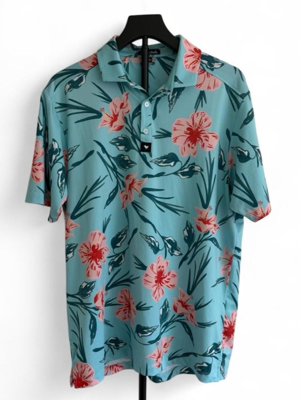 Bad Birdie Men's Polo Shirt Blue Pink Floral Short Sleeve Stretch Logo Button